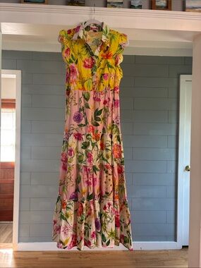 Yellow & Pink Floral Tiered Maxi Dress with Ruffle Shoulders‎